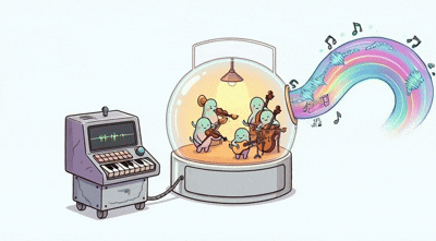 A music machine connected to a miniature ensemble, sending a rainbow of musical notes into the air.